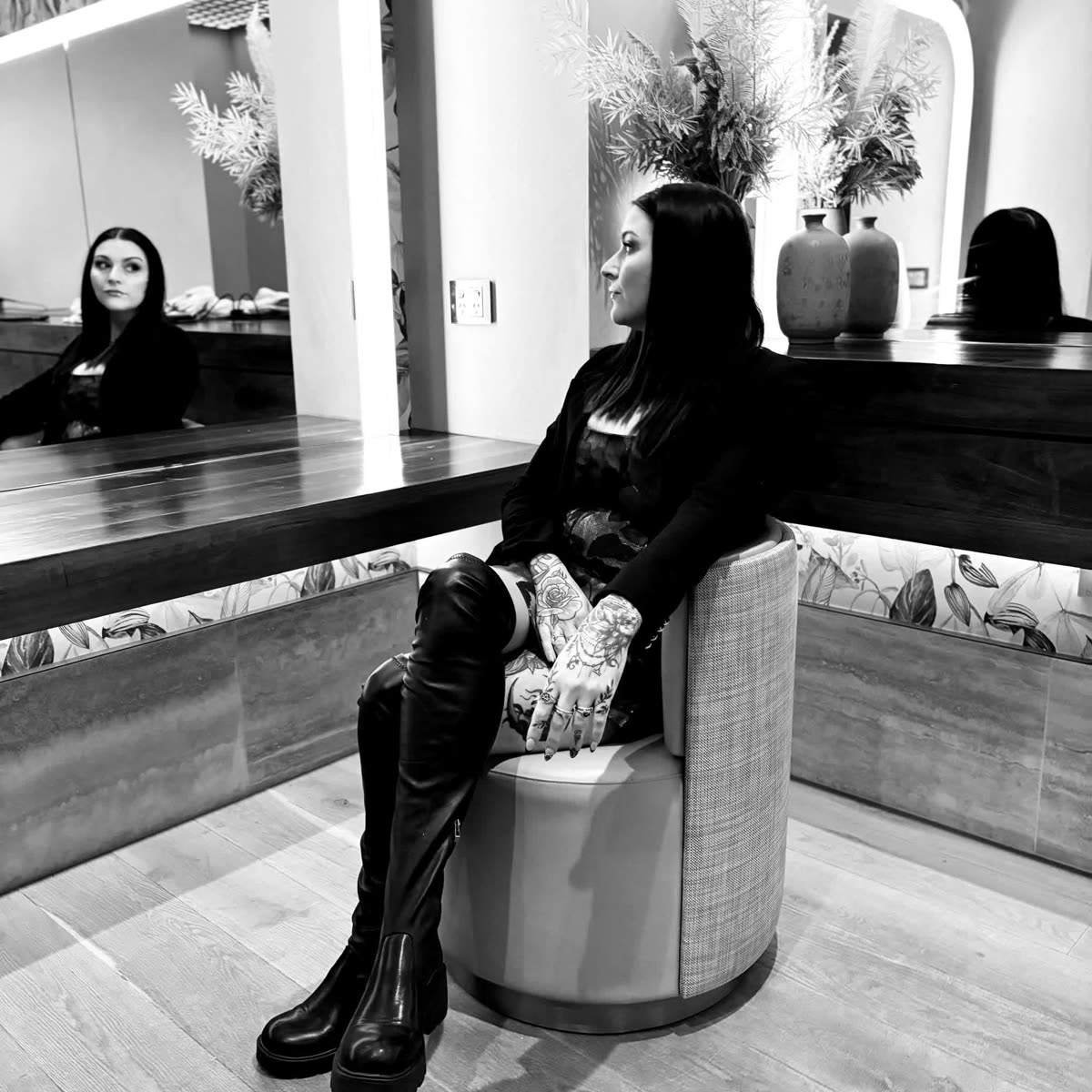 Paige Green reflected in the studio mirror
