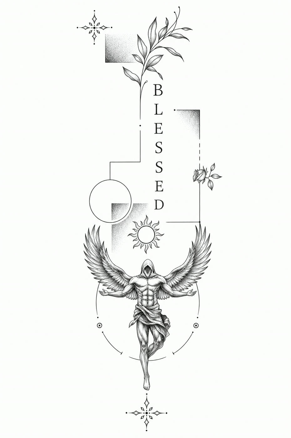 Blessed Icarus geometric fineline tattoo on a forearm