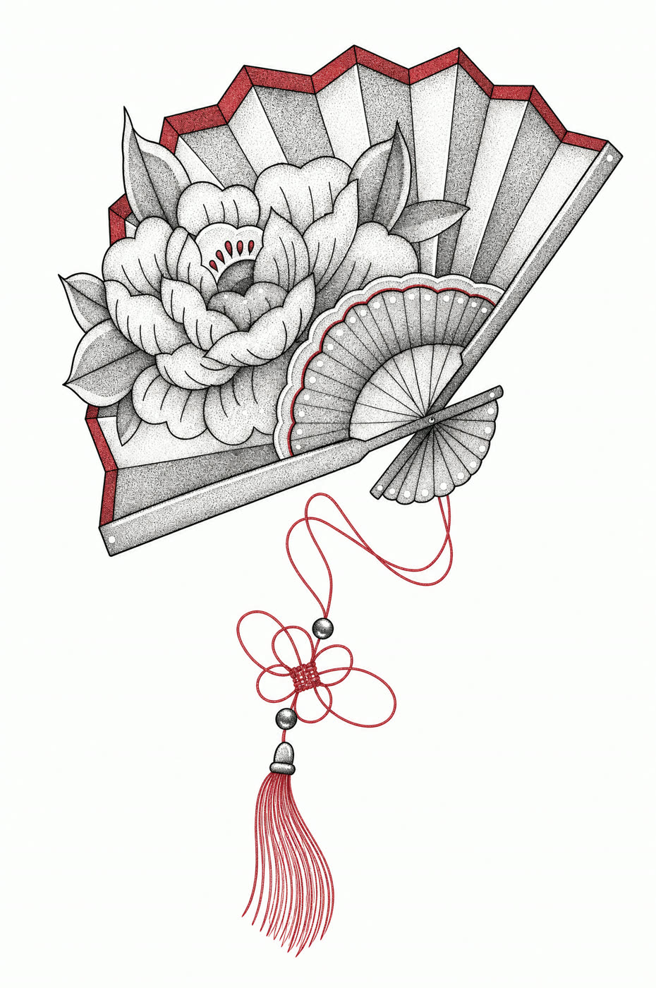 Beautiful fan tattoo with red colour work on an upper arm