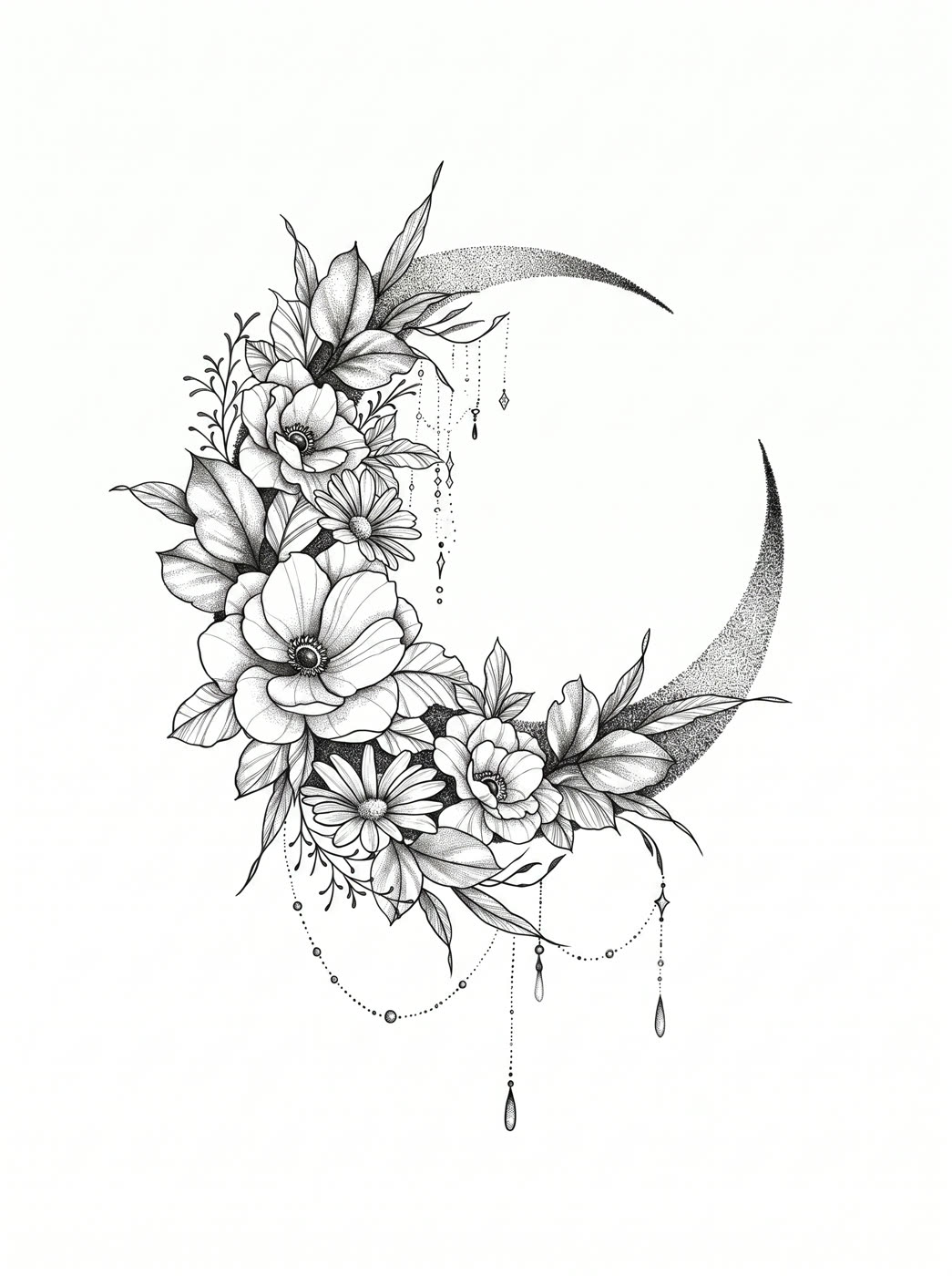 Floral crescent moon tattoo on a shoulder