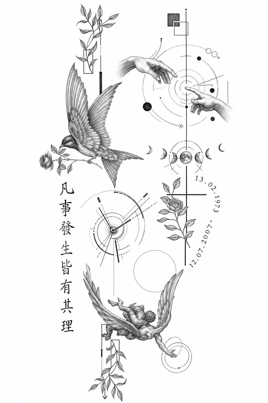 Patchwork fineline forearm tattoo with swallow, moon phases and script