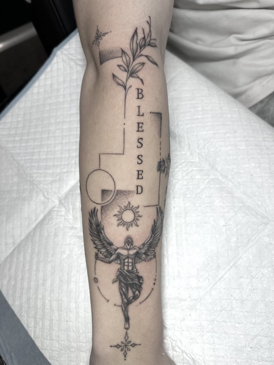 Blessed Icarus geometric fineline tattoo on a forearm