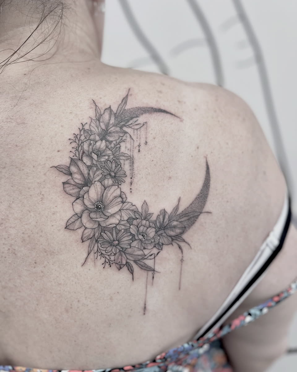 Floral crescent moon tattoo on a shoulder