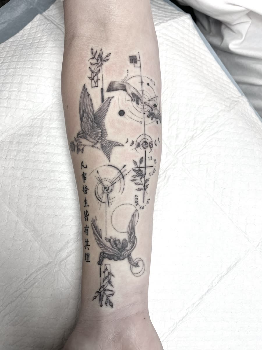 Patchwork fineline forearm tattoo with swallow, moon phases and script